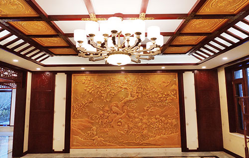 黑山中式别墅客厅中式木作横梁吊顶装饰展示